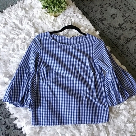 Jane and Delancey White Blue Gingham Bell Sleeve Top Women's Small S 100% Cotton - Picture 4 of 6
